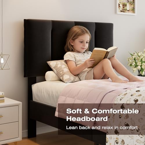 VECELO Twin Size Bed Frame with Upholstered Headboard, Velvet & Black
