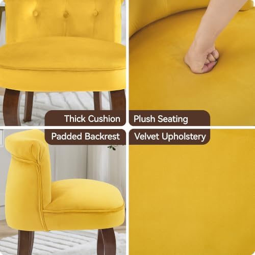 WUTUTUEE Velvet Vanity Chair with Back, Tufted Upholstered Vanity Stool with Solid Wood Legs, Mid Century Small Makeup Chair for Vanity, Accent Chair for Bedroom, Living Room, Yellow