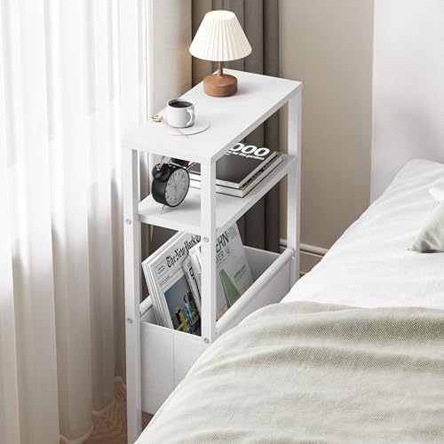 Narrow Side Table, Slim End Table with Magazine Rack, Skinny Bedside Table for Small Spaces, 3 Tier Sofa Couch Table Nightstand for Living Room, Bedroom, White LET503W