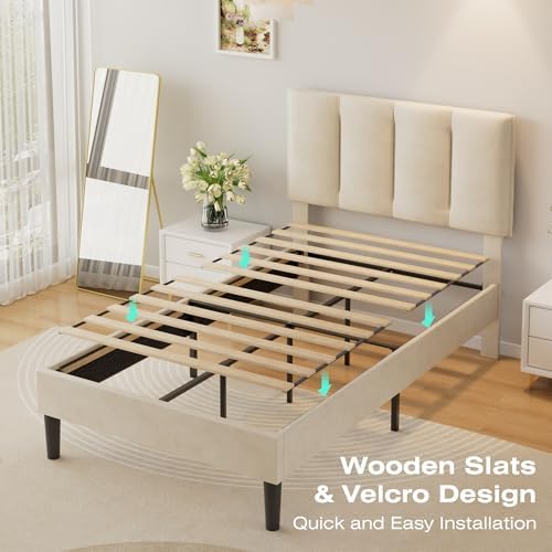 VECELO Twin Size Bed Frame with Upholstered Headboard, Pale Beige
