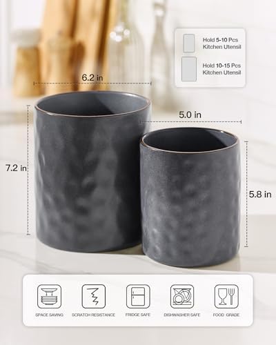 famiware Ceramic Utensil Holder, 7.2"+5.8", Set of 2, Matte Dark Charcoal