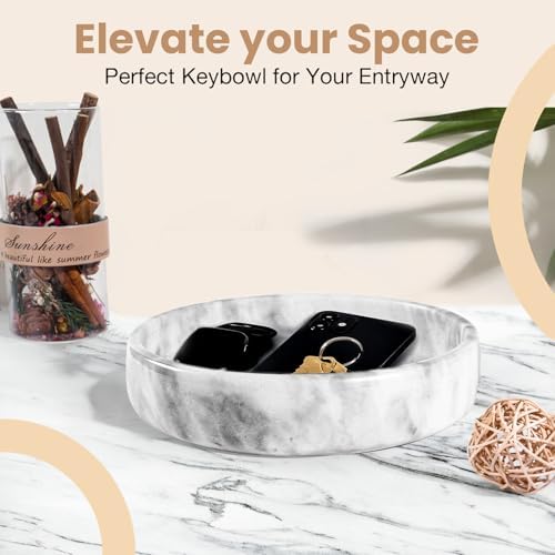 FNTSTICGOODS Marble Decorative Bowl - 7.5" White/Grey Solid Marble Centerpiece - Handmade Stone Fruit Bowl - Catch-All or Key Bowl for Kitchen - Modern Minimalist Decor