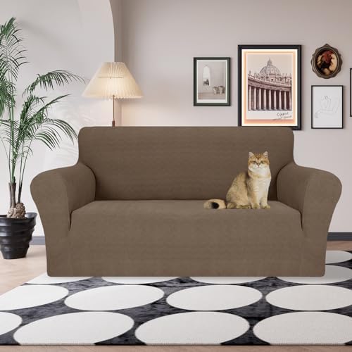 JIVINER Stretch Loveseat Slipcovers 1 Piece Love Seat Sofa Cover Spandex 2 Seater Couch Covers Universal Furniture Protector with Elastic Bottom (Brown, Loveseat)