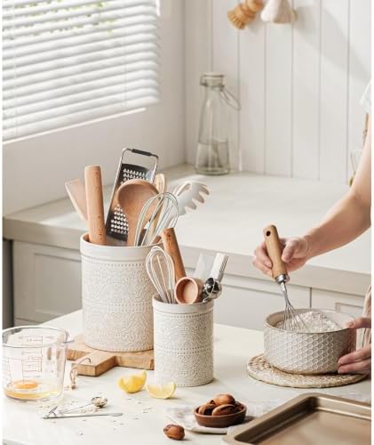 Kitchen Utensil Holder Set of 2, 7"+5.2" Inches Large Ceramic Utensil Holder for Countertop, Lace Emboss Cooking Utensil Crocks for Kitchen, Home Decor, Off-White