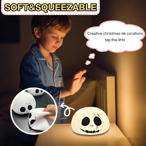 Cute Creative Christmas Skeleton Face Silicone Tap Light - Battery Powered, Multi-Color Changing, Safe and Soft for Indoor Holiday Decoration (White Skellington)