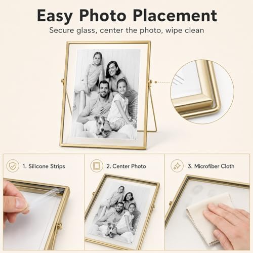 AceList Floating Picture Frame, 8x10 Gold Double Glass, Tabletop