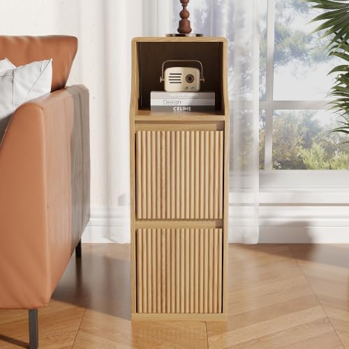 Fluted Narrow Nightstand Set of 2, Mid Century Modern Small Bedside Table with 2 Drawers, Wooden Skinny Vintage Side Table, Night Stand, Slim End Table for Bedroom, Natural