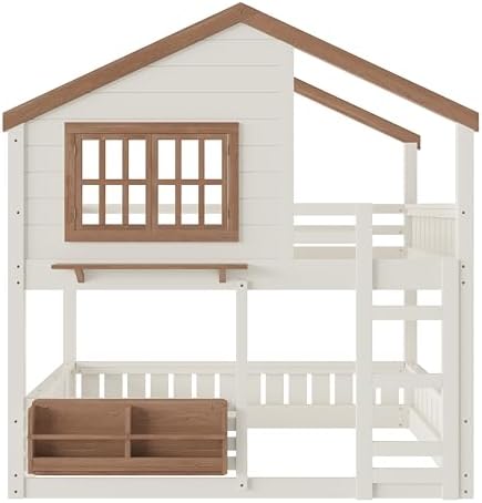 Full Over Full Size House Bunk Bed with Storage Bookshelf, Beige