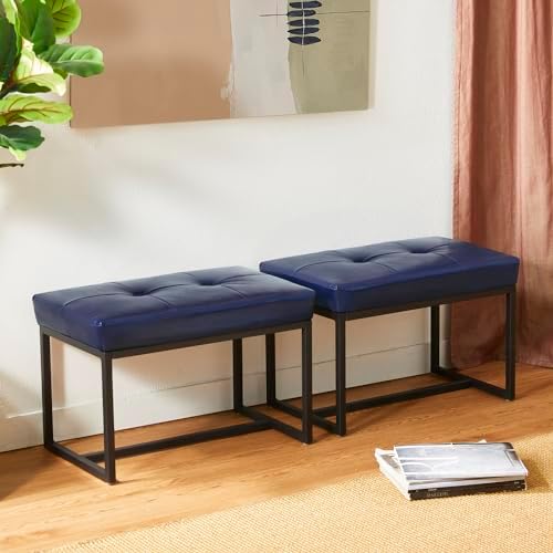 Glitzhome Ottoman Bench Pack of 2, Modern PU Leather Vanity Stools Chairs with Metal Frame, Makeup Stool Padded Foot Rest Stool for Living Room Vanity, Entryway, Bathroom,Navy Blue