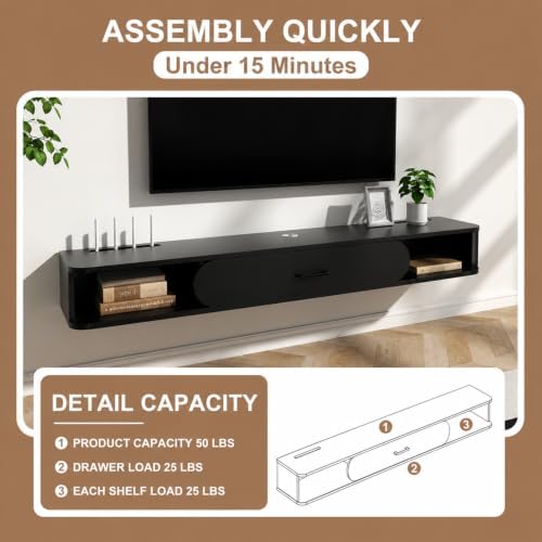 GHC Floating TV Stand, 65'' Wall Mounted TV Cabinet, Floating Shelves with Door, Media Console for DVD Player, Space-Saving Under TV Shelf for Bedroom & Living Room (Black)
