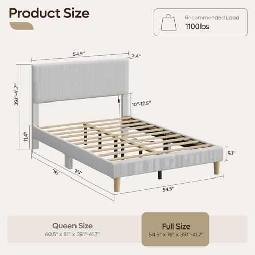 Bestier Full Bed Frame with Adjustable Headboard,LED Light,Light Grey