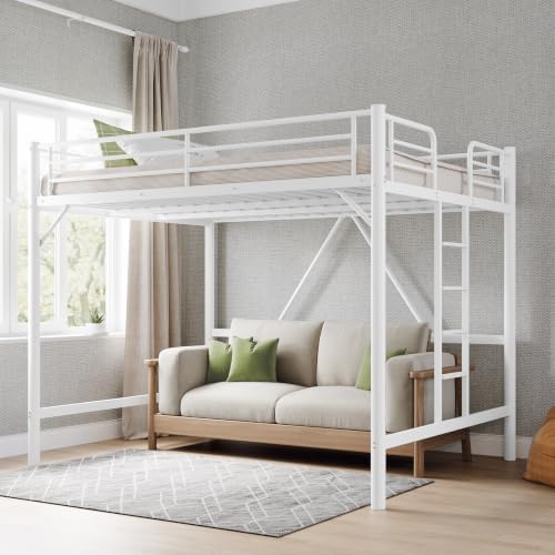 VINGLI Queen Loft Bed with Flat Rungs for Adults, Kids and Young Teens, No Box Spring Required,Heavy Duty Metal Slat Support, White