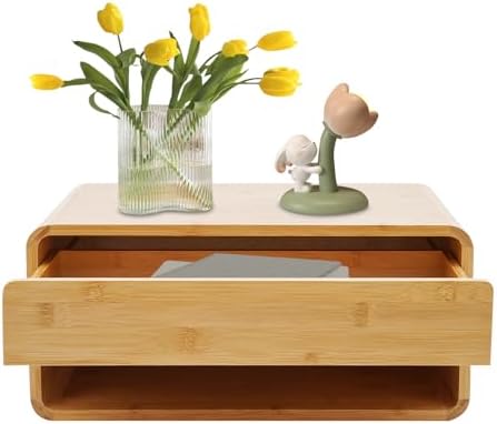 Bamboo Floating Nightstand with Storage Drawer, Wall Mounted Bedside End Tables with Open Shelf, Modern Bedside Cabinet Storage for Bedroom Living Room