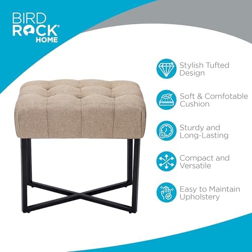 BIRDROCK HOME Rectangle Tufted Linen Ottoman Foot Rest - 19.7x11.82x17.73” Small Foot Stool with Legs - Padded Footrest Modern Ottomans for Living Room Furniture, Bedroom Footstool (Beige)
