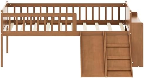 SOFTSEA Twin Size Low Loft Bed with Slide and Guardrails, Wood Loft Bed Frame with Storage Shelves for Kids, Natural