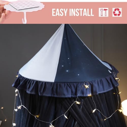 Kertnic Princess Bed Canopy for Girls, Double Layer Round Bed Mosquito Net, 31.5" Large Dome Moon Pattern Printed Bed Canopy, Sleeping & Reading Nook Curtain for Boys Girls (Night Sky)