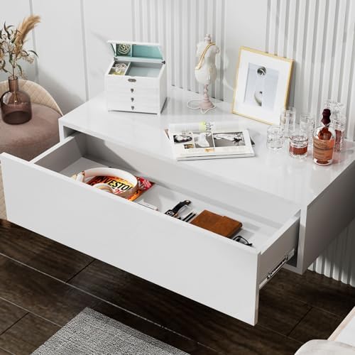 HedoAjim White Modern Floating Wall Mounted Nightstand with Drawer Storage Wood Bedside Table Small Wall Shelf for Bedroom Living Room