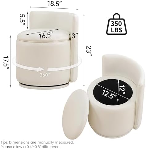 WUTUTUEE Faux Leather Vanity Chair with Storage, 360° Swivel Makeup Chair with Pleated Back, No Assembly Small PU Accent Stool for Bedroom, Dressing Room, Living Room, White