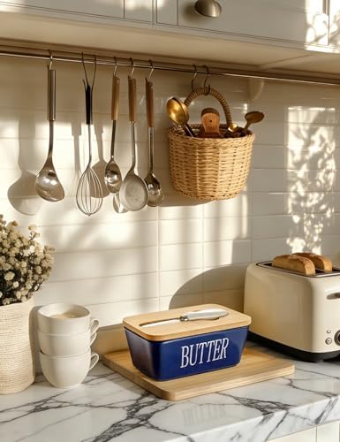 Ceramic Butter Dish with Lid and Knife & Silicone Seal for Countertop Blue