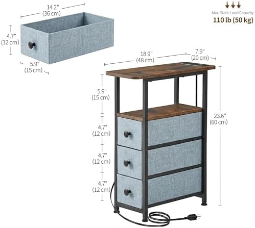 DALEMHOME Narrow End Table with Charging Station, Narrow Side Table with Drawer, Small Nightstand with LED Light, Skinny Nightstand, Small Bedside Table for Living Room, Grey