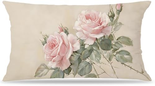 French Country Pink Rose Floral Pillow Cover 12x20 Double-Sided, Vintage Pink Flower Decorative Lumbar Throw Pillow Cover for Home Bedroom Living Room