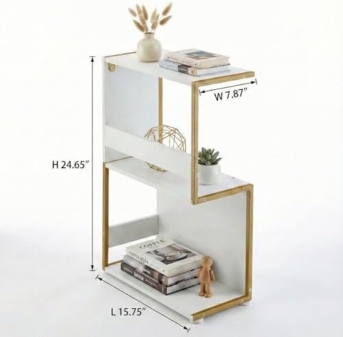 Narrow End Table for Small Spaces - Slim Side Table, S Shape Design Narrow End Tables Living Room,Skinny Bedroom Nightstand Thin Side Magazine Bookshelf (Champagne Gold)