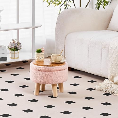 Wimarsbon Round Storage Ottoman,Footstool with Padded Seat and Wood Legs