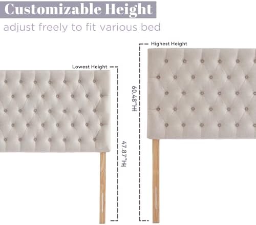 Kingfun Upholstered King Headboard Only, Premium Linen Button Tufted Headboards, Adjustable Solid Wood Head Board, Padded Headboard with Solid Wood Legs in Bedroom (Beige)