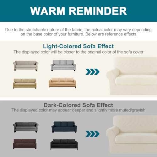 Turquoize Stretch Sofa Slipcover 2 Pieces Sofa Cover Couch Cover for 3 Cushion Couch Washable Furniture Protector Covers with Elastic Bottom Feature Thick Jacquard Fabric (Sofa, Cream)
