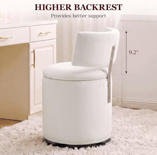 Swivel Vanity Chair with Storage, Velvet Makeup Stool with Higher Back for Living Room, Bedroom, Dressing, White