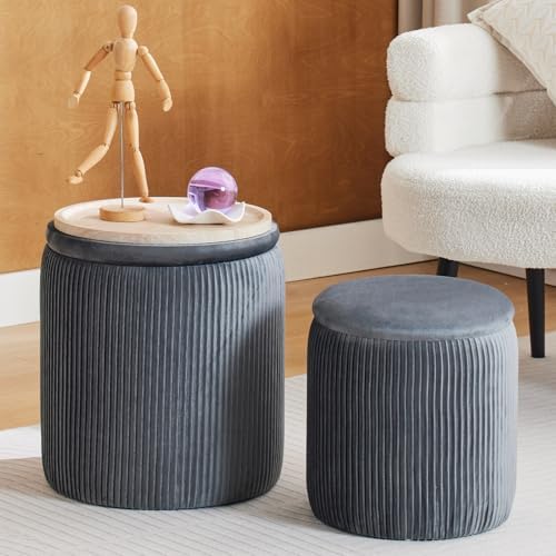 BLEXA Storage Ottoman Round, Set of 2, Velvet Vanity Stool,Light Grey