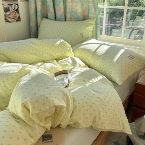 Green Polka Dot Duvet Cover Twin Size 3 Pcs,Muslin Bedding 68"×86"