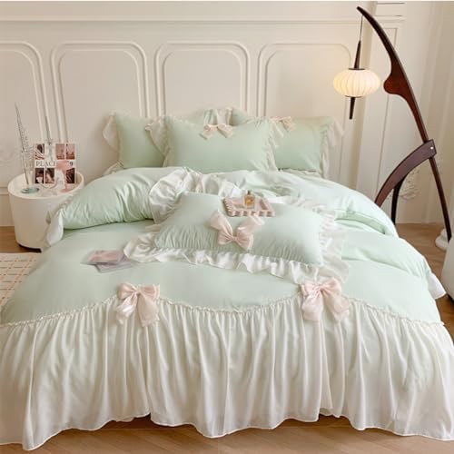 SOUKECHY Girls Lace Bedding, Queen Comforter Cover Set, Chic Ruffled Duvet Cover with Lovely Bow,Princess Style 1 Duvet Cover with 2 Pillowcases, No Comforter-Green,Queen Size
