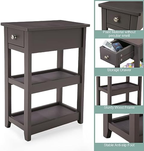 SEJOV Narrow Side Table, Small Brown End Table with Drawer and 2 Shelves
