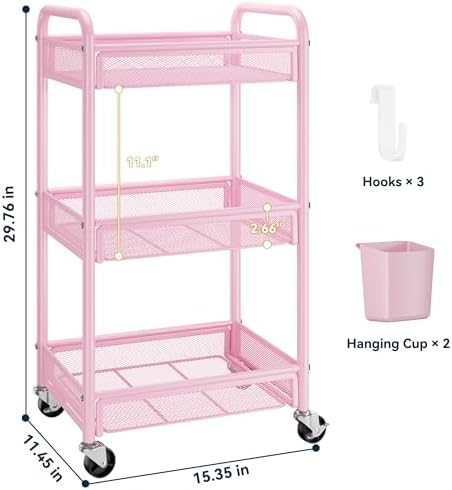 YASONIC 3 Tier Metal Rolling Cart, Pink Utility Storage Cart with Wheels