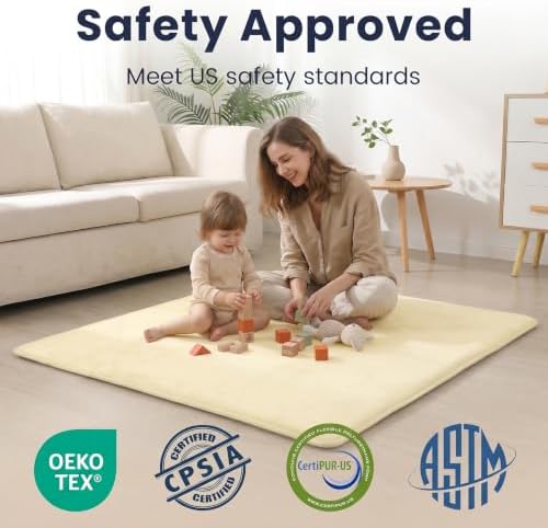 Baby Play Mat for Floor,1.3" Thick Elasti-Foam Large 59"×71" Playpen Mat,Non-Toxic Certified Water-Repellent Coral Velvet, Non-Slip Safe Crawling Mat for Tummy Time, Toddler & Infant(Vanilla)