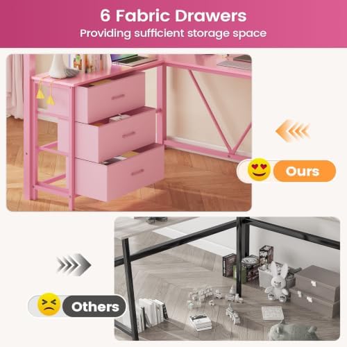 Itaar Stairway Twin Size Loft Bed with L Shaped Desk and Wardrobe, Metal Loft Bed Frame with Stairs, 3 Fabric Drawers, LED Lights & Charging Sation, No Noise & No Box Spring Needed, Pink
