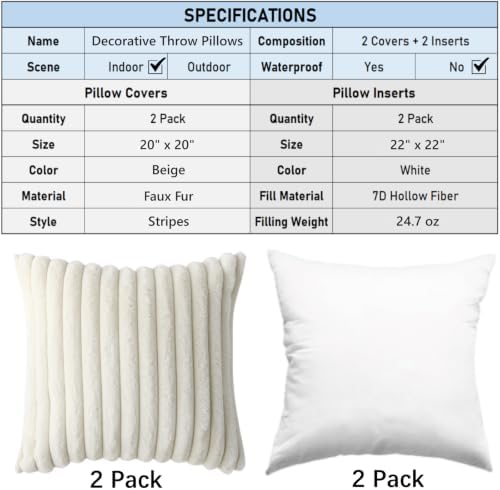 Decorative Throw Pillow with Inserts, Set of 2 Soft Faux Fur Throw Pillows, Square Boho Striped Pillow for Couch, Bed, Sofa Decor (Beige, 20" x 20"(Pack of 2))