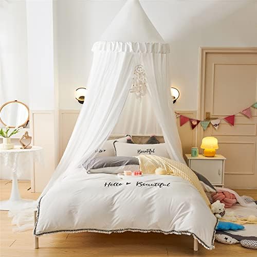 VETHIN Bed Canopy Double Layer Princess Round Dome Dreamy Mosquito Net Bedding Girls Room Castle Play Tent Hanging House Decor Reading Nook Canopies(White/White)