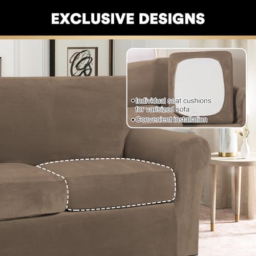 PrinceDeco Velvet Couch Cover Loveseat Covers for 2 Cushion Couch 3 Piece Sofa Covers for Dogs Washable Loveseat Covers Width Up to 72 Inch No Slip Stretch Sofa Slipcover(Medium, Mocha)