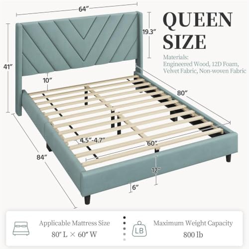 Yaheetech Queen Bed Frame with Chevron Channel-Tufted Headboard, Blue Lake