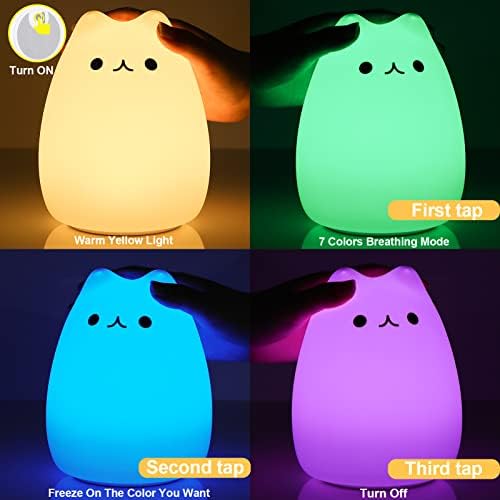 ZKLiLi cat Night Light, Cute Nursery Lights USB Rechargeable Cat Lamp Nightlight Birthday Christmas Gift with Warm White and 7-Color Breathing Modes for Kids Baby Children (USB Charging)