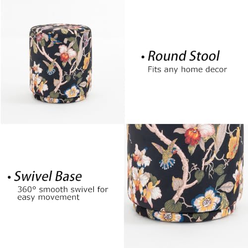 15.7" Swivel Vanity Stool, Floral Velvet Round Ottoman, Black