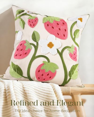 Embroidered Throw Pillow Cover 18x18 Inch, Branch Strawberry