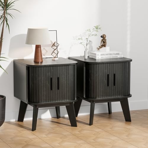 Nightstand Set of 2 with Sliding Roller Shutter Doors&Solid Wood Legs,Black