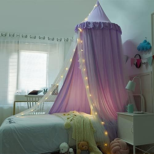 VETHIN Bed Canopy Double Layer Princess Round Dome Dreamy Mosquito Net Bedding Girls Room Castle Play Tent Hanging House Decor Reading Nook Canopies(Purple/White)