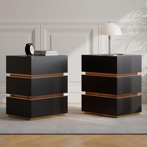 homary Smart Night Stand with Wireless Charging Station - Smart LED Nightstand with 3 Drawers, Black Bedside Table for Bedroom Living Room