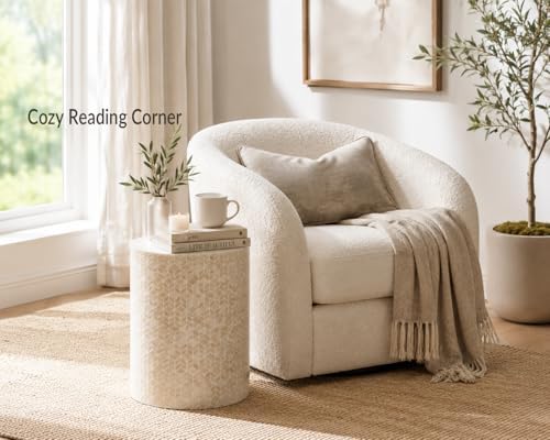 PEMAR Capiz Shell Cylinder Drum End Table Nacre Side Table Stool Round Drum Accent Coffee Bedside Nightstand and Vanity Stool, 13" Diameter x 19.3" High, White Cream