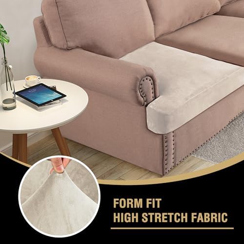 H.VERSAILTEX Stretch Velvet 3 Piece T Cushion Sofa Slipcovers Individually Covers for 3 Cushion Couch Seat Cushion Covers for Sofa Seat Cushion Covers Stay in Place(Sofa, Ivory)