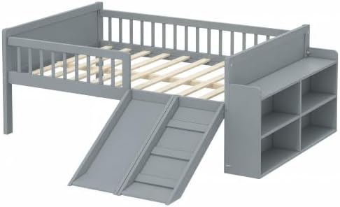 SOFTSEA Full Size Low Loft Bed with Slide and Storage Shelves, Wood Loft Bed Frame with Full Length Guardrails for Kids, Gray